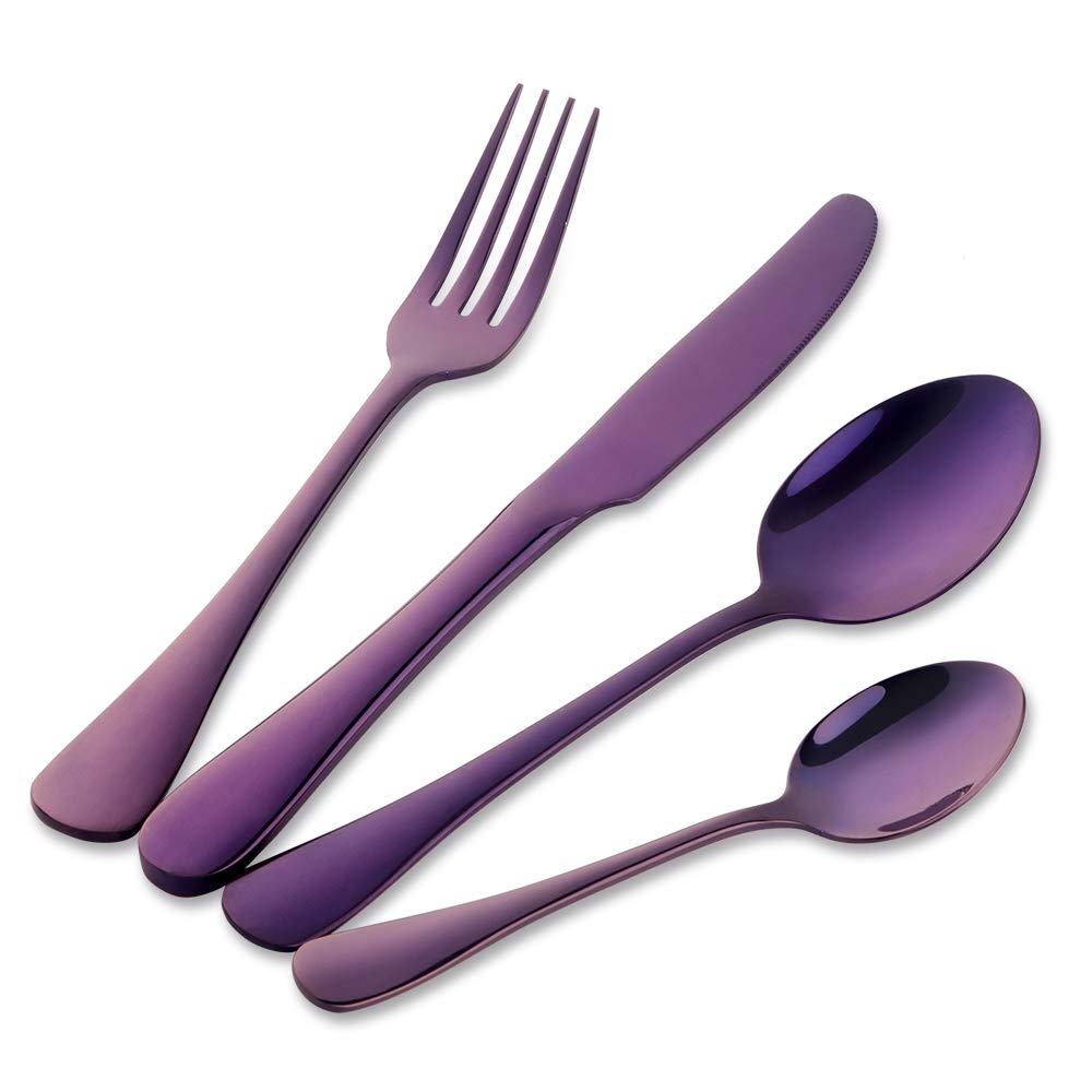 Buyer Star 4pcs Purple Stainless Steel Cutlery Set, 304 18/10 Flatware Dinnerware Utensil Kit, Table Knife Fork Dessert Spoon Teaspoon