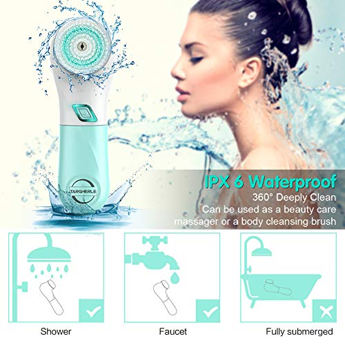 Facial Cleansing Brush, Targherle Facial Brush Waterproof Battery Operated Face Brush Set with 5 Brush Heads for Deep Cleansing, Exfoliating, Removing Blackhead and Makeup Residue (Green)