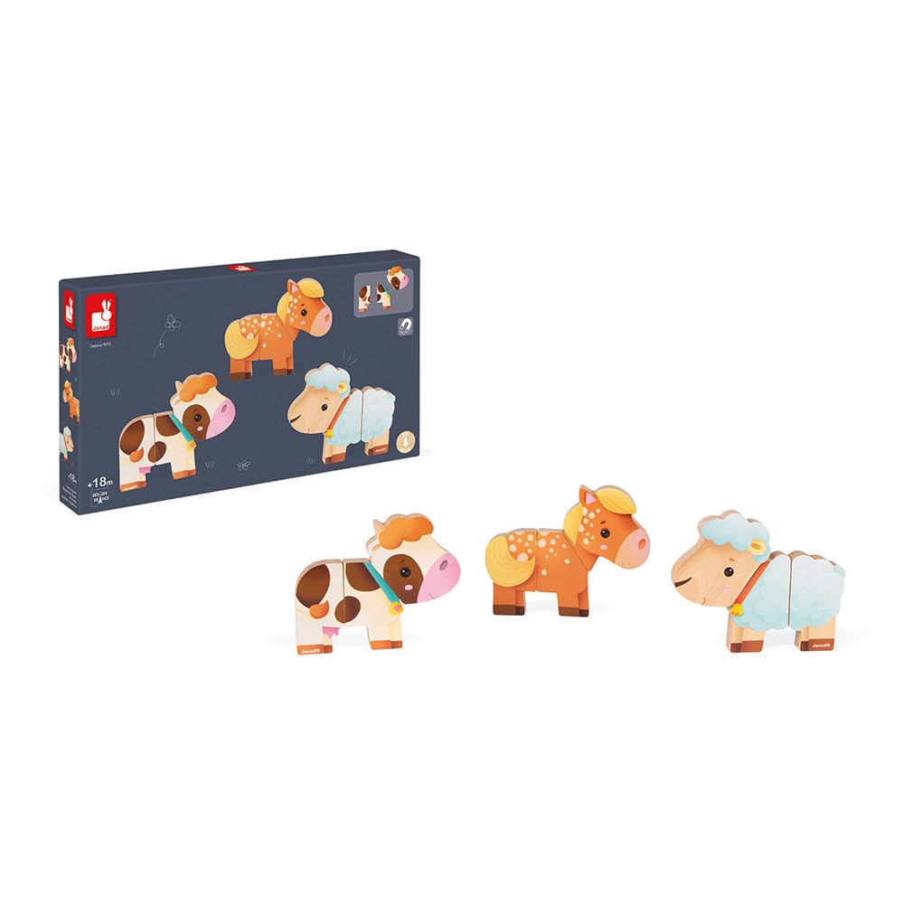 Janod - Funny Farm Animals Magnets - Wooden Magnetic Early Learning Toy - Handling and Dexterity - From 18 months onwards - J08058