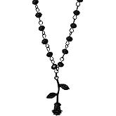Sacina Black Beaded Rose Pendant Necklace, Gothic Goth Emo Punk Grunge Necklace, Black Jewelry, Halloween Christmas Gift for Women