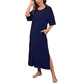 PrinStory Womens Long Nightgown Round Neck Nightshirts Short Sleeve Loose Loungewear Casual Sleep Dress With Pockets