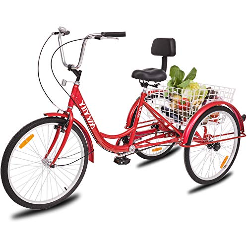 YiiYYaa Adult Tricycle Trike Cruise Bike, 24 Inch Wheel Single Speed 3 Wheeled Bicycle with Large Size Basket for Recreation, Shopping, Exercise (Red)
