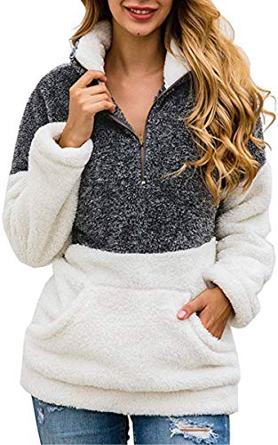 Angashion Womens Long Sleeve Half Zip Fuzzy Fleece Pullover Jacket Outwear Sweatshirt Tops Coat with Pocket Black Grey M