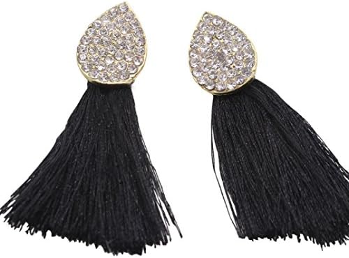 Women's Girls Ethnic Bohemia Crystal Tassel Fringe Chandelier Dangle Stud Drop Earrings Elegant Jewellery (Black)