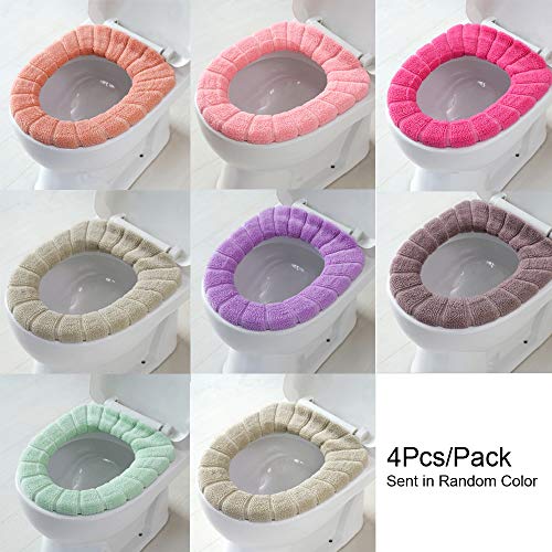 YuanhuaRongsheng Bathroom Toilet Seat Cover Soft Thicker Warmer Stretchable Washable Cloth Toilet Seat Cover Pads 4PCS(Sent in Random Color)