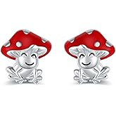 Mushroom Frog Stud Earrings - 925 Sterling Silver Cute Animal Earrings Jewelry Gifts for Women