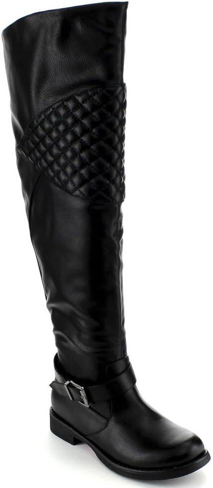 DE BLOSSOM COLLECTION ZOEY-8W Women's Wide Calf Ankle Strap Knee High Boot, Color:BLACK, Size:7