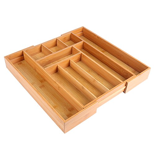 ISINO Bamboo Flatware Holder , Wooden Flatware Divider , Home and Kitchen Organizer Tray with 8-10 Slots , Size (11.6"-18.3")L x 17.5"W x2.5"H