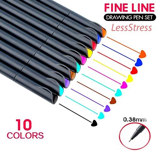 LessStress Fineliner Color Pen Set of 10 Fine Point Markers, 0.38mm Colored Fine Line Drawing Pen, Assorted Colors Perfect For School Coloring Book Journal Diary Calendar Weekly Scheduling and Drawing