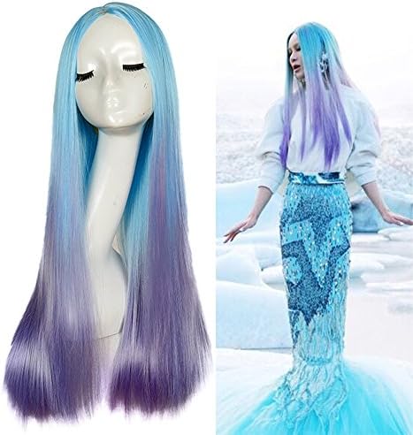 Numberus Long Straight Cosplay Mermaid Wig Synthetic Wigs Blue to Purple Color Middle Part Wigs for Women Costume