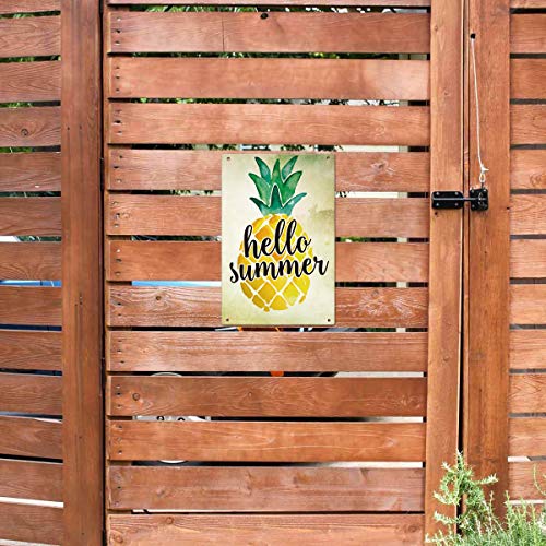 Agantree Art Hello Summer Pineapple Garden Yard Porch Metal Sign Outdoor Decorative Metal Plaque 12 x 8 Inch