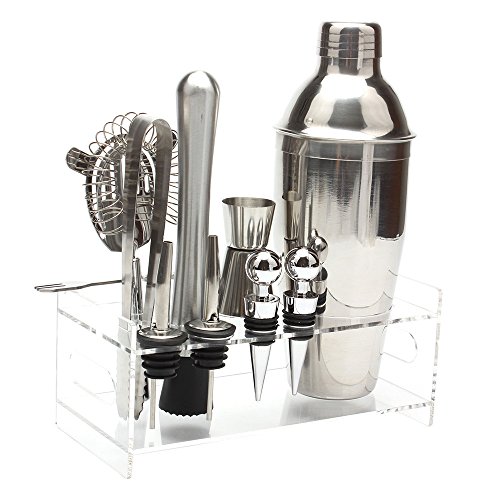 Fenleo Cocktail Shaker Set Bartender Kit with Acrylic Base by 18.8 oz Stainless Steel Shaker, Strainer,Muddler, Mixing Spoon,Ice Tongs, Jigger, 2 Liquor pourers,2 Wine stopper