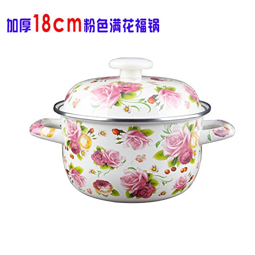 Heidong Thickened enamel saucepan flat bottom not sticky with lid, 18cm red flower