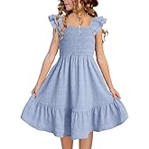 DOKOTOO KIDS Girls Summer Dresses Cute Double Layer Ruffle Sleeve Smocked Flowy Dress 6-15 Years