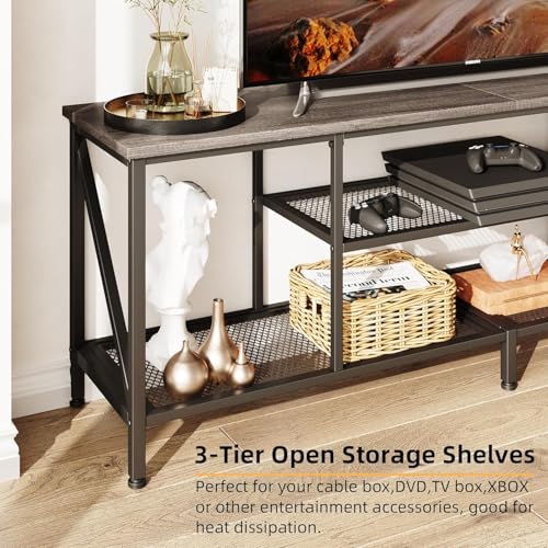 SKY-TOUCH Modern TV Stand: 3-Tier Open Storage Shelves, 140*40*43 CM, Grey Oak Wood