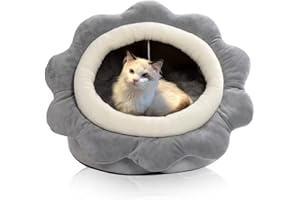 GARLIFDEN Cat Beds for Indoor Cats - Small Cat Bed with Anti-Slip Bottom, Sunflower-Shaped Cat/Dog Cave with Hanging Toy, Puppy Bed with Removable Cotton Pad, Super Soft Calming, Multiple Sizes(Grey L)