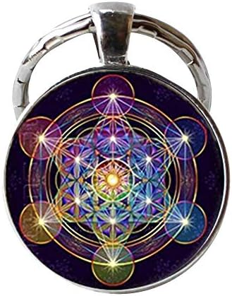 FlzaitianMetatron Cube Keychain,Sacred Geometry Flower of Life Jewelry, Chakra Spiritual Keychain