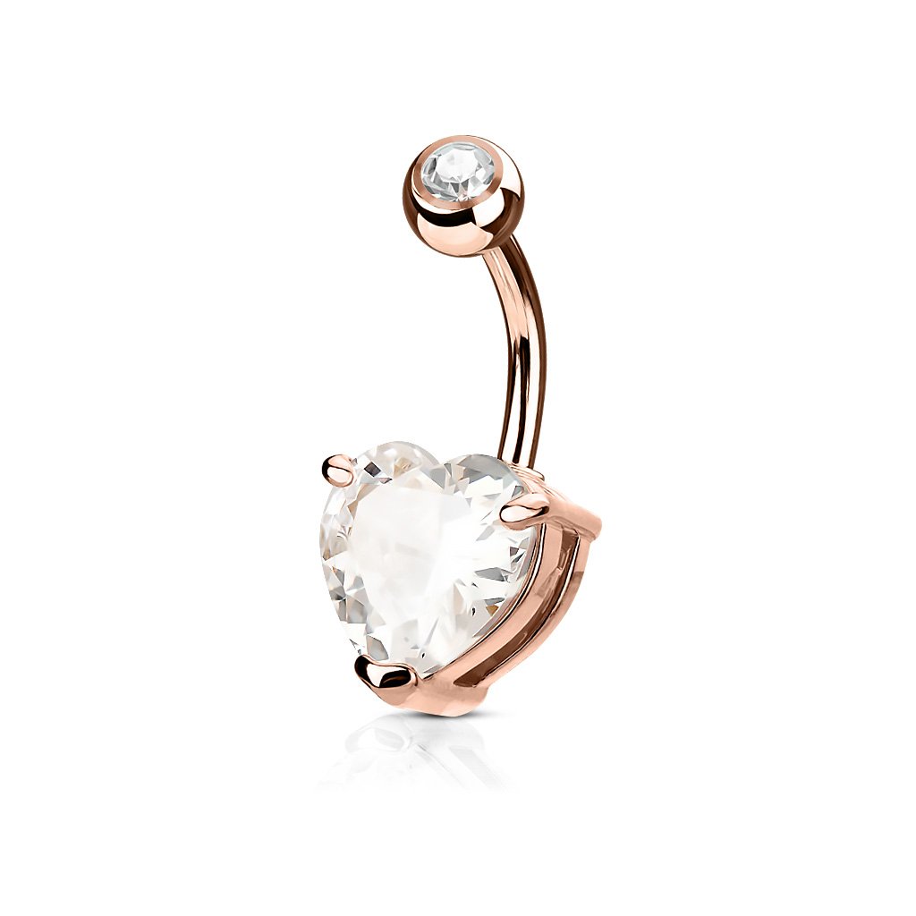 PiercedOff Rose Gold Tone IP over 316L Surgical Steel 1.6mm Belly Bar with a 7mm Clear CZ Heart - Length 10mm