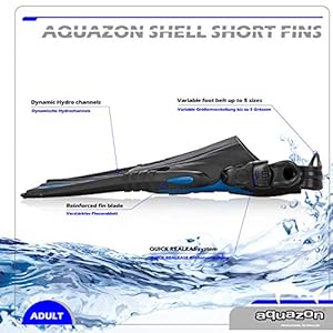 Schnorchelmasken 516YRU1p4FL. SS300 AQUAZON SHELL, Kurzflossen Trainingsflossen, Schwimmflosssen, Reiseflossen, Schnorchelflossen grössenverstellbar mit Free Heel System, Sehr robust für Erwachsene Männer und FrauenUnser Modell SHELL ist eine professionelle, fersenfreie, verstellbare Kurzflosse, die sehr gut zum Bodyboarden, Tauchen, Schnorcheln, Schwimmen oder zum Unterwasserrugby geeignet ist. Durch das Verstellsystem hat die ganze Familie Spaß an dieser Flosse ! Sie verfügt über ein QUICK FIX System, mittels dessen kinderleicht ein Bereich von ca. 5 Schuhgrößen variabel eingestellt werden kann. Das QUICK Fix System ist sehr robust und professionell ausgelegt. Bei dem im Fußbereich eingesetzten THERMORUBBER handelt es sich um ein hochelastisches, sehr anschmiegsames Material. Die Flosse lässt sich daher sehr einfach und bequem an- und ausziehen. Die Flosse eignet sich aufgrund des kürzeren Flossenblattes und der daraus resultierenden kompakten Größe und dem geringen Gewicht auch sehr gut als Urlaubs- und Reiseflosse. Professionelle, robuste, grössenverstellbare Kurzflosse mit hervorragendem Preis-/Leistungsverhältnis. Sehr gut zum Bodyboarden, Tauchen, Schnorcheln, Schwimmen oder zum Unterwasserrugby geeignetLeicht zu bedienendes, hochwertiges QUICK FIX Verstellsystem, die Trainingsflosse ist dadurch in einem Grössenbereich von bis zu 5 Schuhgrössen einstellbar Ferse freiliegend (Free Heel System) , die Kurzflosse ist daher im Wasser sehr feinfühlig steuerbar und weniger belastend für Fussgelenke. Aufgrund des kompakten Maßes ideal als ReiseflosseDas Flossenblatt der Flosse ist aus AQUAFLEX gefertigt, einem leichten und zugleich reaktiven Material, das mit Flexrubbereinlagen für eine verbesserte Hydrodynamik versehen istAllgemeine Warnhinweise: Achten Sie immer darauf, nicht zu weit zu schwimmen, die Rückkehr zum Ufer könnte Sie überfordern. Bitte atmen Sie niemals mehr als 3 mal tief ein, bevor Sie tauchen, das könnte zu einer Hyperventilation führen, sodass Sie
