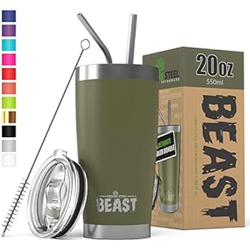 BEAST 20oz Tumbler Insulated Stainless Steel Coffee Cup with Lid, 2 Straws, Brush & Gift Box by Greens Steel (20 oz, Army Green)