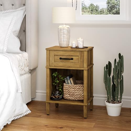 YAUKTAK Wooden Bedside Table Side Table with Drawers Open Compartment Modern Minimalist Bedside Table Bedroom Living Room Rustic Brown LET512DR