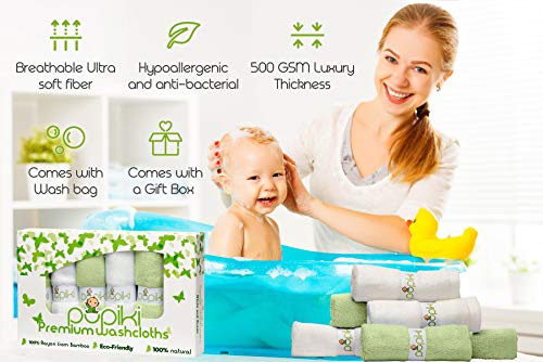Pupiki Premium Baby Washcloths 6 Ultra-Soft Hypoallergenic 100% Organic Bamboo from rayon fiber Baby bath Washcloth Face towels Absorbent 10X10 Newborn Towel Pack Unisex Baby Shower Gift White & Green