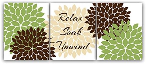 Green and Brown Bathroom Wall Art, Relax Soak Unwind, Bathroom Decor Art Prints - BATH41