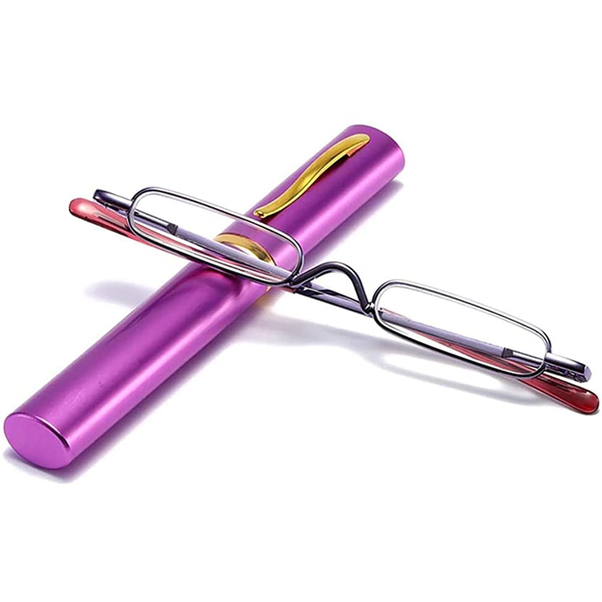 KoKoBin Mini Slim Reading Glasses Spring Hinge Metal Reading Aid Unisex with Case (Purple, +1.5)