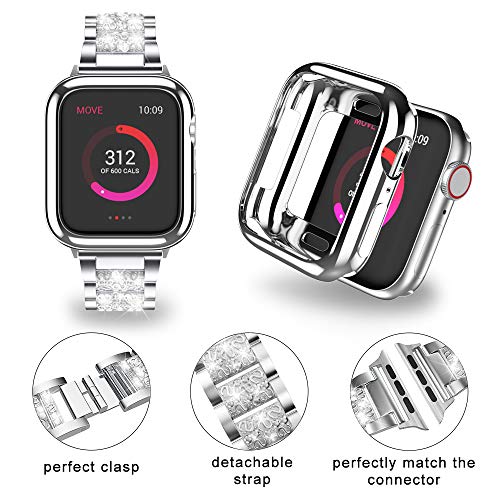 LELONG for Apple Watch Band 38mm 40mm 42mm 44mm Series 5 Series 4 3 2 1 with Case, Bling Replacement Bracelet iWatch Band, Diamond Rhinestone Stainless Steel Metal Wristband Strap