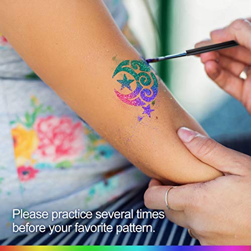 Glitter Tattoo Set, Luckyfine New Glitter Tattoo Kit with (24 Large Glitter Colors, 125 Cool Tattoo Stencils, 2 Glittered Glue, 5 Brushes) Glitter Temporary Tattoos for Kids, Teenagers and Adults - Thumbnail 7