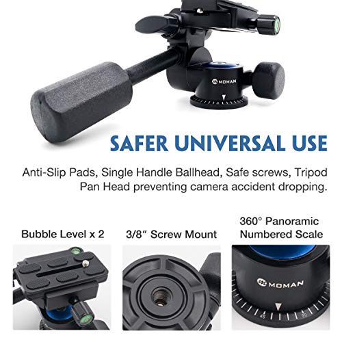 Moman Tripod Fluid Drag Pan Head with Handle and 1/4 Quick Release, Lightweight 3-Ways Panning Ball Head with 22 lb Payload for Tripod Monopod, Slider, DSLR Cameras, Camcorder and Light Stands - Thumbnail 3