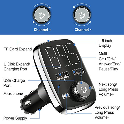 HiGoing Bluetooth FM Transmitter, Wireless Car Radio Adapter Receiver Hands-free Calling, Dual USB Charger with 5 V/3.4 A Output, U-disk/TF Card/AUX MP3 Player Car Kit