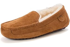 Fireside By Dearfoams Men's Melbourne Genuine Shearling Moccasin Slippers, Memory Foam Sudede Loafers Slip-in House Shoes