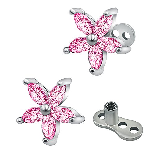 14g Flower Cubic Zirconia Dermal Anchor Tops and base Surgical Steel Microdermals Body Piercings (Red)