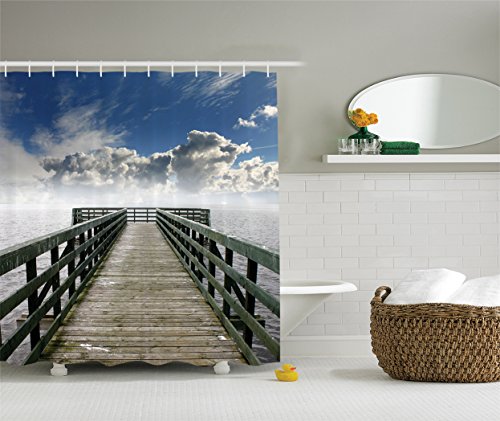 Ambesonne Seascape Shower Curtain, Seaside Banister Clouds Beige Foggy Morning and Ocean Seascape View Image, Cloth Fabric Bathroom Decor Set with Hooks, 69" W x 70" L, White Gray