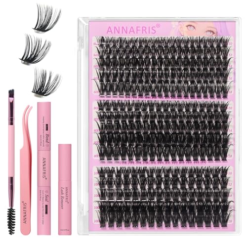 ANNAFRIS False Eyelashes Kit 60D+80D+100D Eyelashes Hair to Hair 0.07mm D Curl 10-18mm Cluster Lashes Natural DIY Eyelashes(60D+80D+100D)