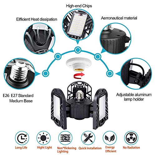 LED Garage Lights, 60W E26/E27 6000LM Deformable Basement Lighting for Full Area, LED Garage Light Bulb for Workshop,Industrial Lamp, barn, Cellar,Warehouse etc (No Motion Activated)