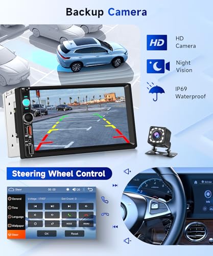 Hodozzy DAB+ 2 din Carplay Wireless Android Auto Car Radio with 7 Inch Screen, Bluetooth Touch Screen Car Radio with Video Output/FM/USB/AUX/TF+Backup Camera