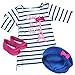Sophia's 3 Piece Parisian Outfit with Striped Eiffel Tower Dress, Velour Beret Cap and Suede Ballet Flats for 18 Inch Dolls, Blue/Pink