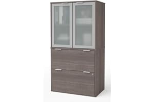 Bestar i3 Plus Lateral File Cabinet with Frosted Glass Doors Hutch, 31W, Bark Grey
