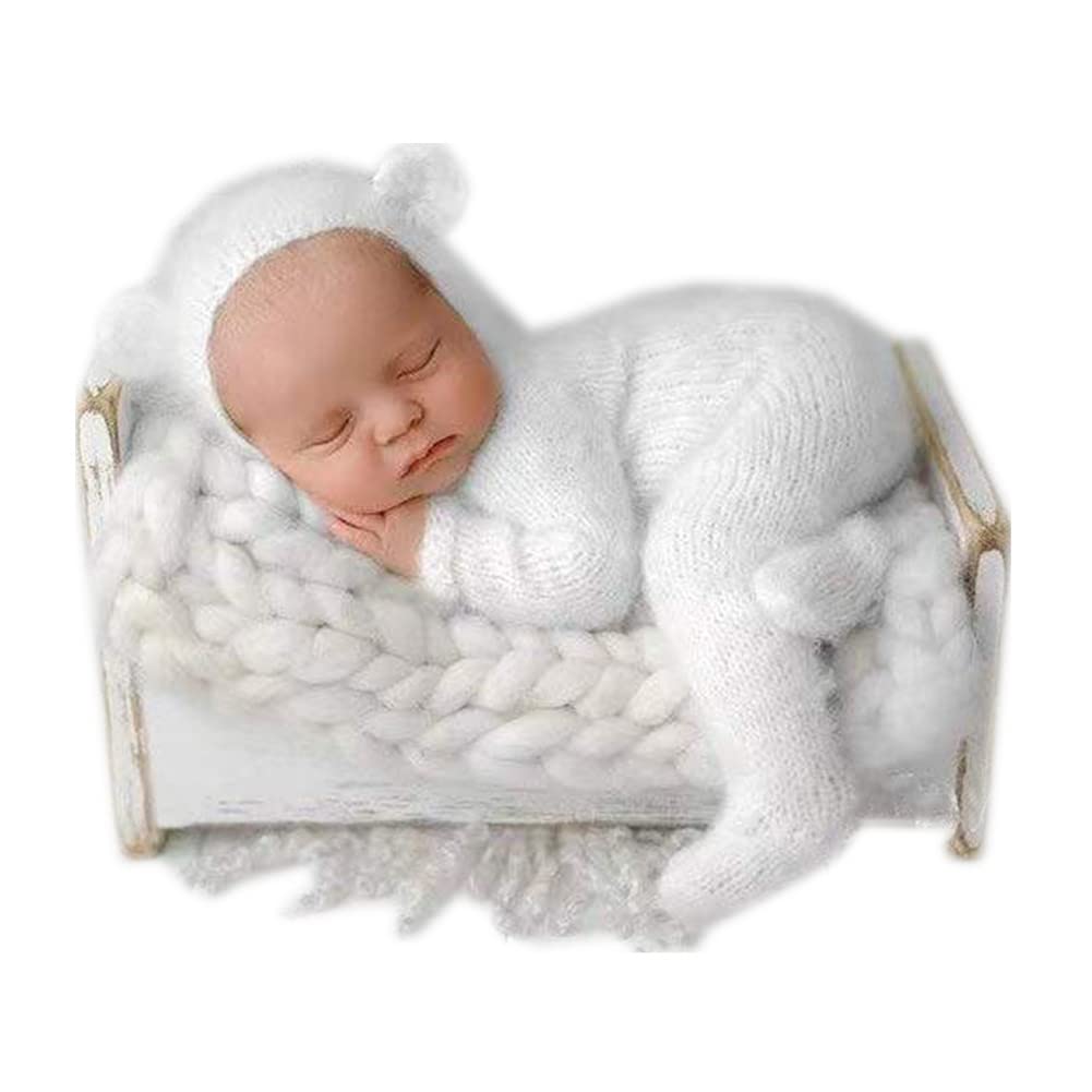 Photo 1 of Newborn Photography Props Outfits Mohair Bear Hat and Footed Romper for Baby Photo Props Bodysuit Newborn Photo Shoot Outfits (White)