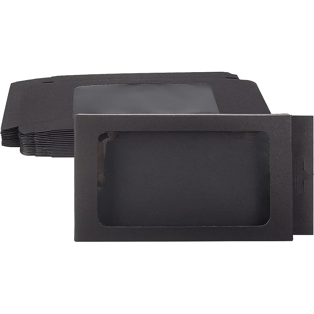 BENECREAT 20 Pack Kraft Paper Boxes with Clear Window 17.5x9x1.5cm Black Gift Packaging Boxes for Bakery Cookies Cake Candy Wedding Party Favors