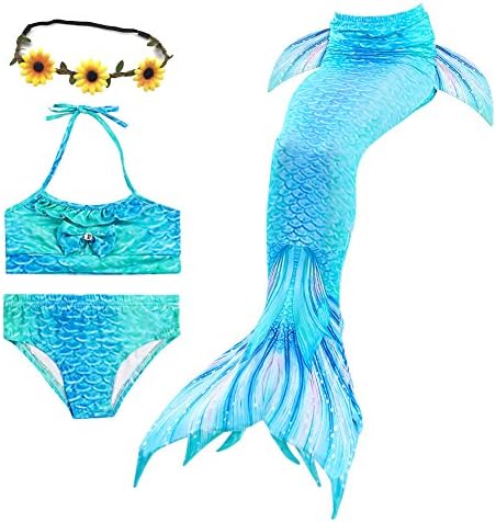 QIJOVO 3PCS Girls Mermaid Tail for Swimming Bikini Swimmable Custome Swimwear (Without Monofin)