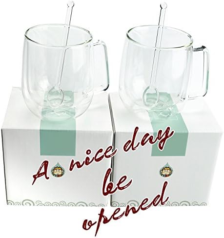 Set of 2 glass coffee mugs or Tea Mugs insulated coffee mug drinking glasses 12 ounce, Double Wall Glasses Insulated Coffee Mugs with Two Glass Spoons, Lead-free high-borosilicate coffee mug cup set