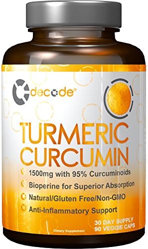 Decode Nutrition Turmeric Curcumin with Bioperine 1500mg. Highest Potency Available. Premium Pain Relief &amp; Joint Support with 95% Standardized Curcuminoids. Non-GMO, Gluten Free Turmeric Capsules
