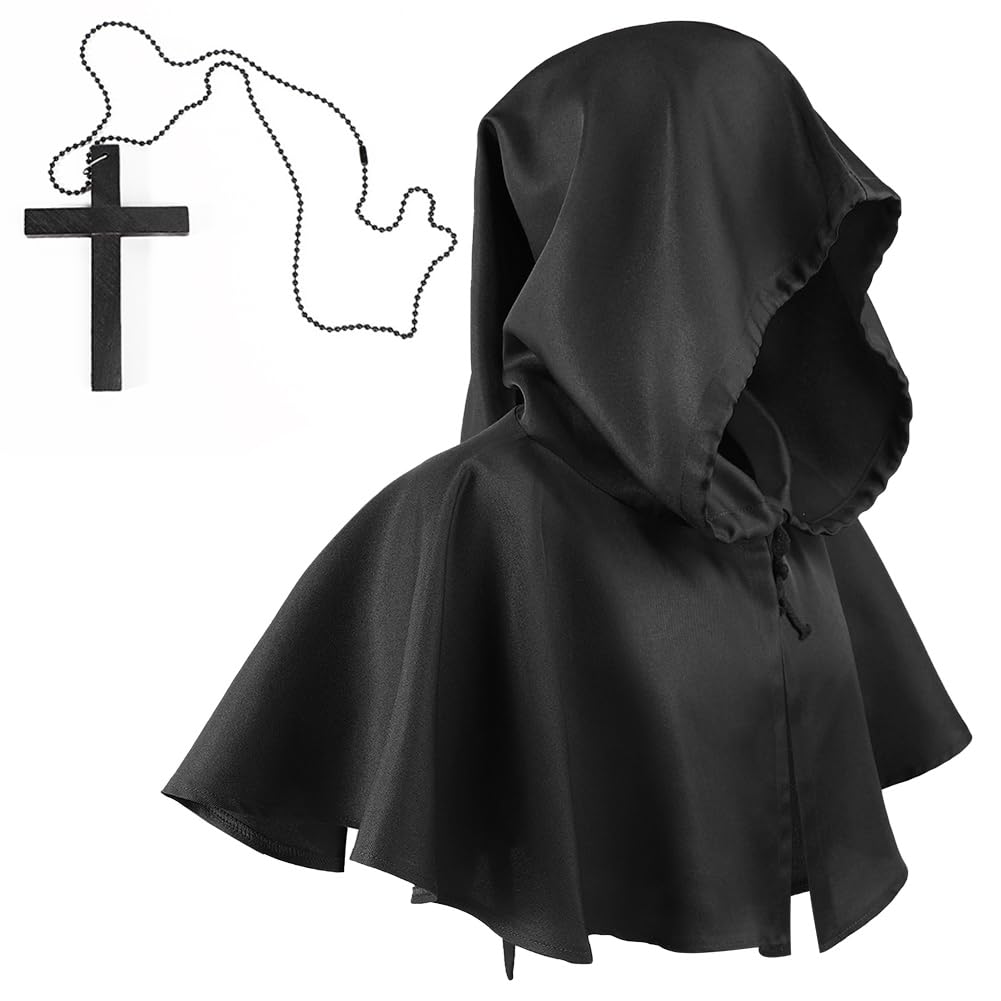 Hooded Cloak with Cross Vintage Medieval Cowl Hat Halloween Costume Cloak Unisex Hooded Cape Death Gothic Cloaks Halloween Poncho Witch Wizard Vampire Costume Fancy Dress Cosplay Cape for Men Women