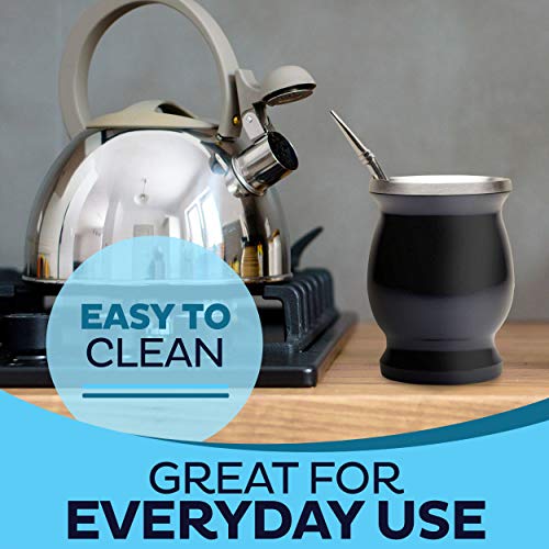 Yerba Mate Natural Gourd/Tea Cup Set of 2 (Original Traditional Mate Cup - 8 Ounces) | Includes Bombilla (Yerba Mate Straw) & Cleaning Brush | Black Stainless Steel | Double-Walled | Easy to Clean - Thumbnail 5