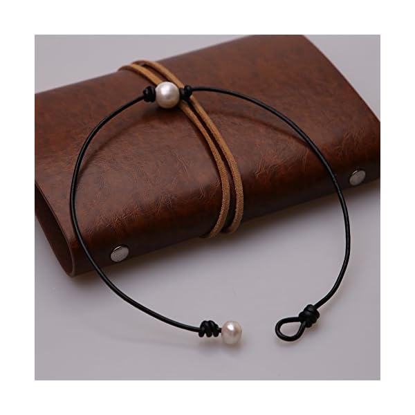 Single Cultured Freshwater Pearl Leather Choker Necklace on Genuine Black Leather Cord for Women Gift Handmade - Image 4