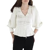 BCBGMAXAZRIA Womens Long Sleeve Peplum Top V Neck Button Front Shirt