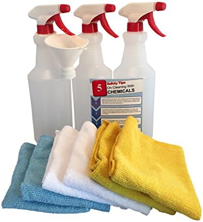 32-Oz Heavy-Duty Industrial Janitorial Spray Bottles (3 Pack) with 6 Microfiber Cleaning Cloths, Threaded Funnel and Safety Tips Card (11 Piece Set) (Red)